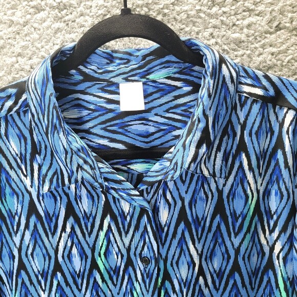 Tunic Top Womens L Blue Button Up Long Roll Tab Sleeves Collar Casual Geometric - Picture 3 of 12